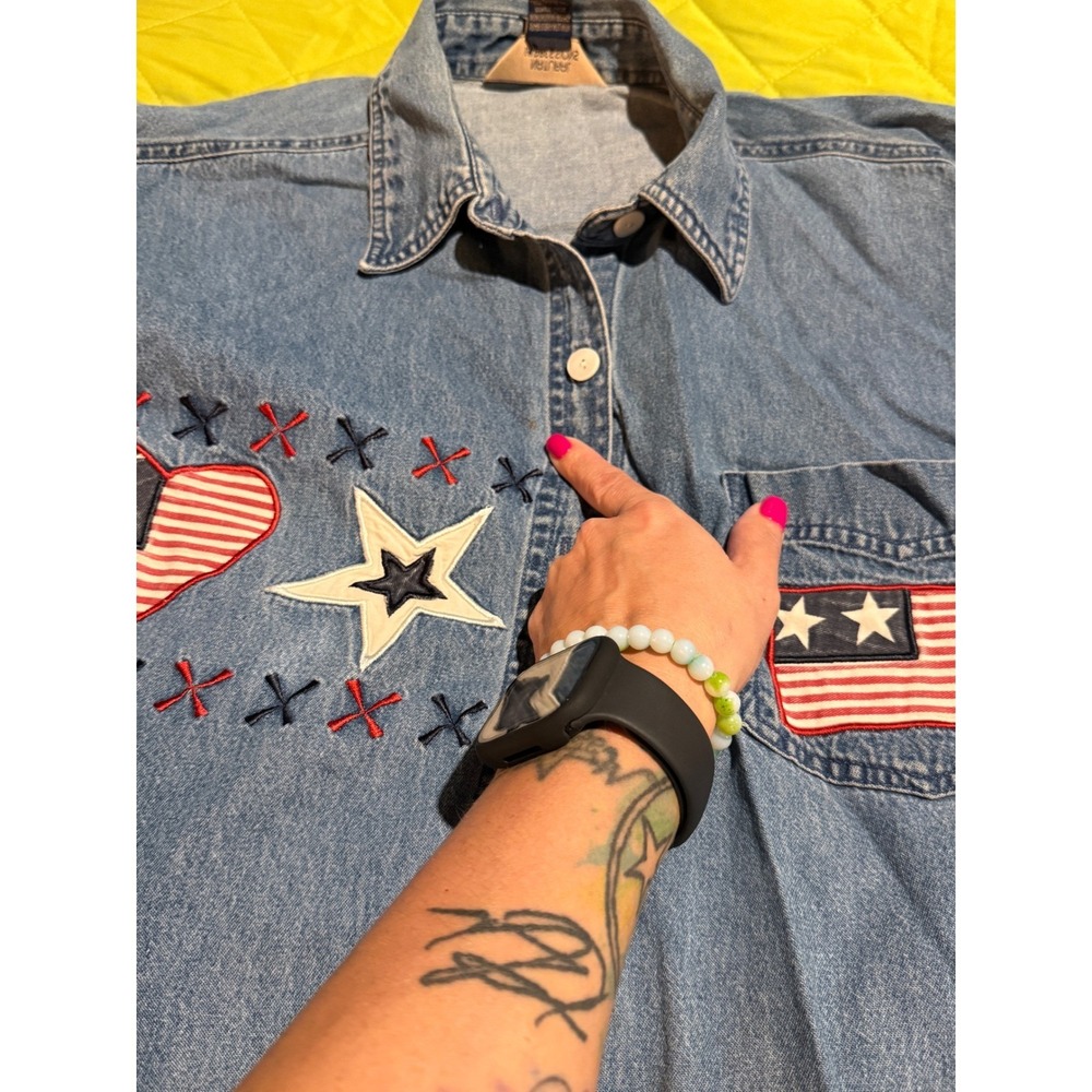 Natural Impressions Denim Shirt Women XL Blue Good Patriotic Stars Americana - Picture 7 of 10